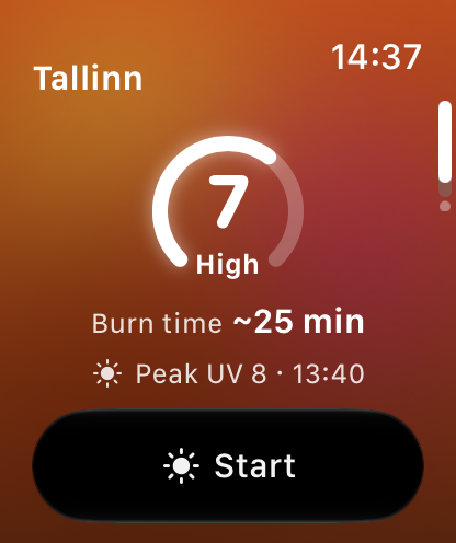 Shade on Apple Watch: UV 7, about 25 minutes estimated burn time and a Start button